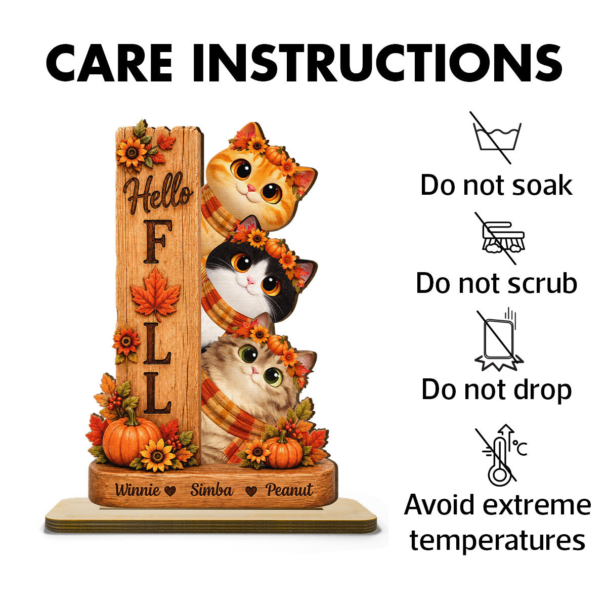 Hello Fall Cats 2D Flat - Personalized Wooden Plaque - Fall Season Decoration