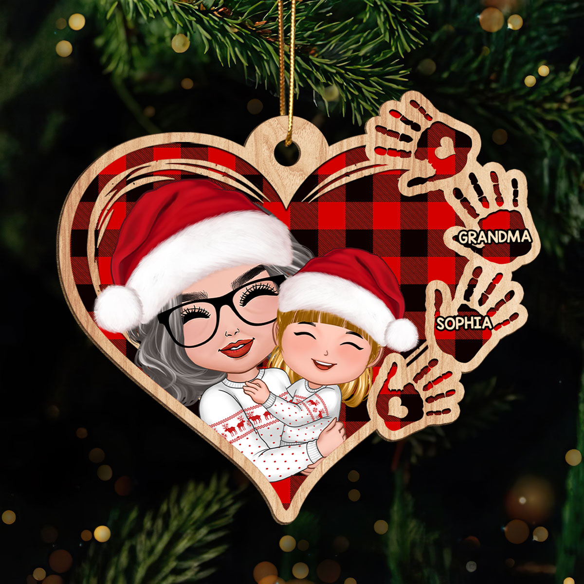 Grandma Mom Hugging Kid Checkered Pattern Heart Handprints Personalized Wooden Ornament