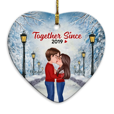 Couple Kissing Under Snow On Road Personalized Heart Ornament