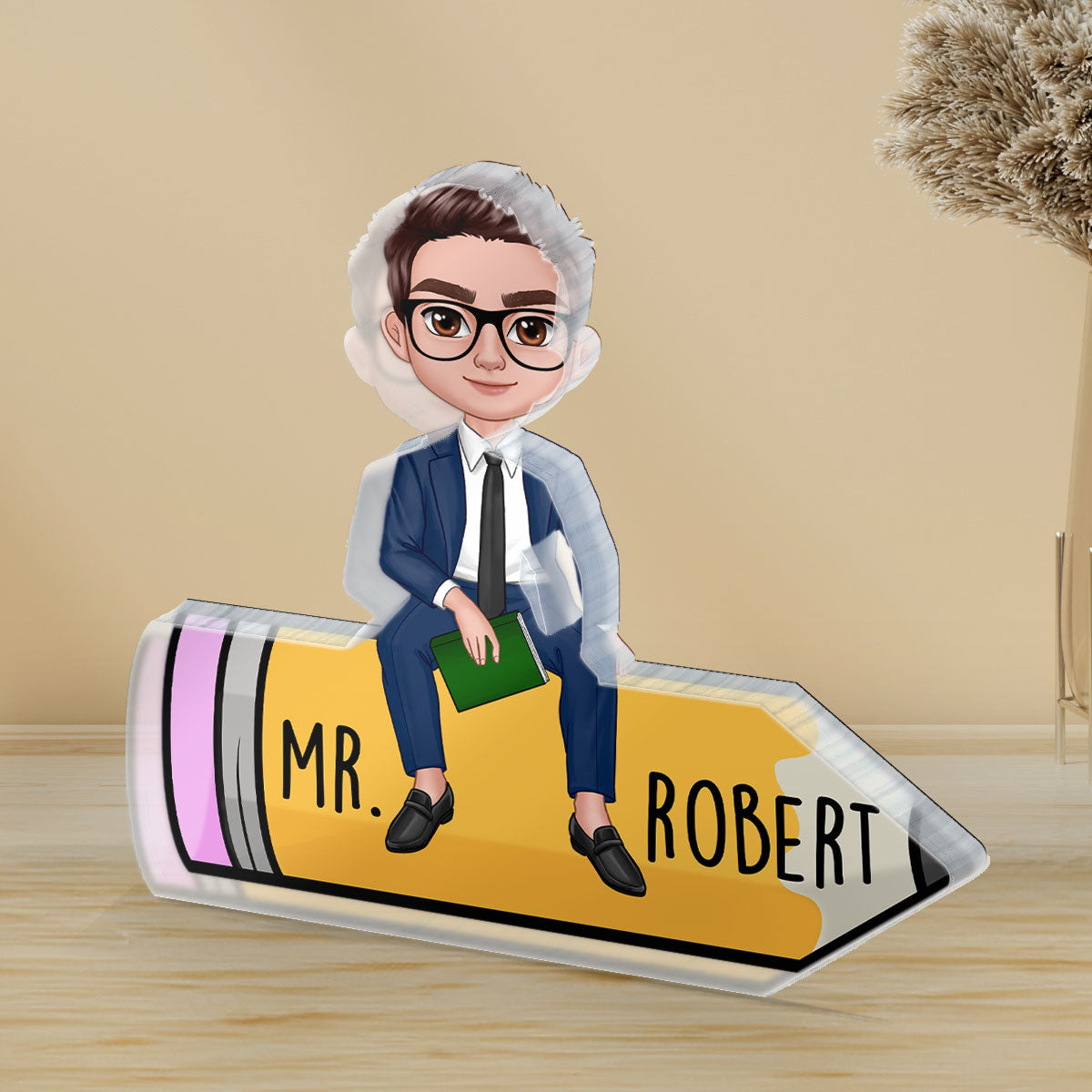 Doll Teacher Sitting On Pencil Personalized Acrylic Block Plaque