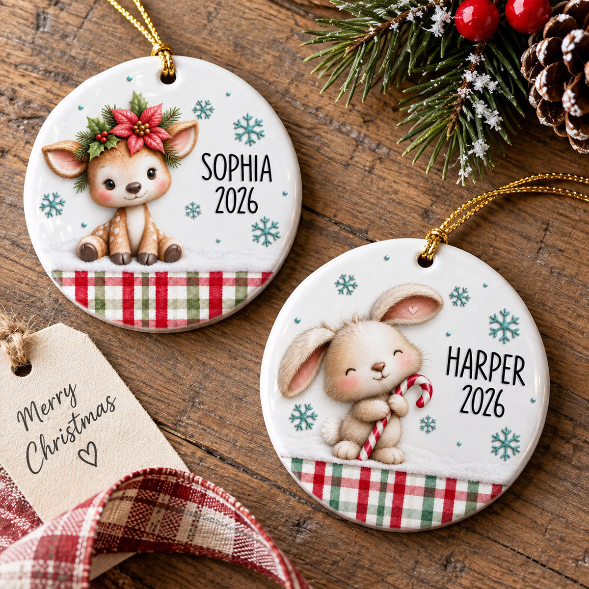 Cute Woodland Animals 2D Flat - Personalized Ceramic Ornament - Christmas Keepsake Gift For Kids, Son, Daughter