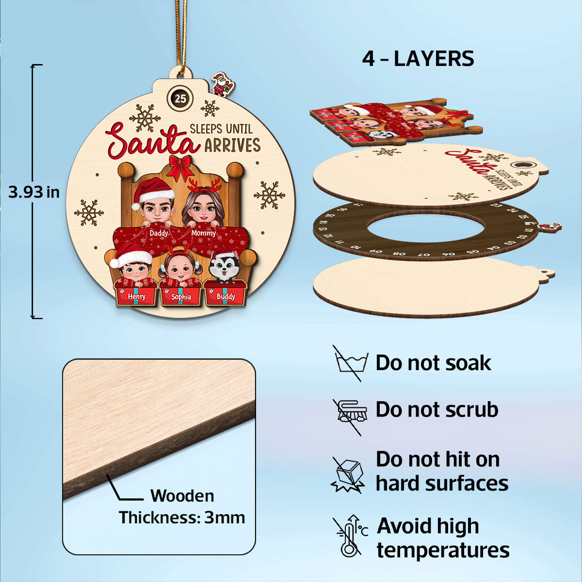 Sleeps Till Santa Arrives Christmas Doll Family Couple Dogs Cats On Bed Personalized Countdown Ornament