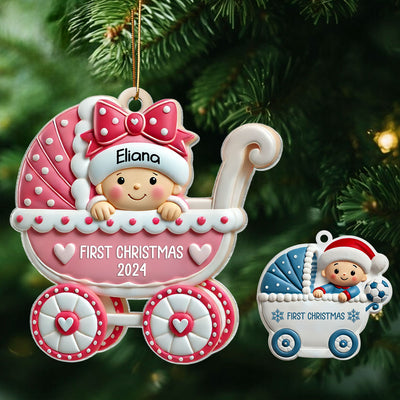 First Christmas Cute Baby On Carriage Personalized Acrylic Ornament, Gift for New Mom New Dad, Baby Newborn Gift