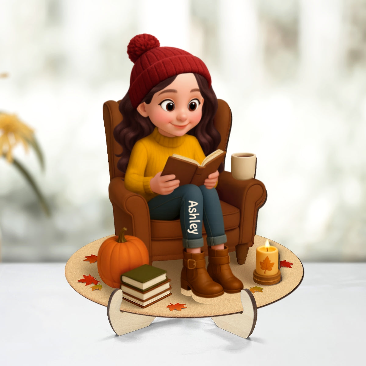 Fall Girl Reading Book On Armchair Personalized 2-Layer Wooden Plaque