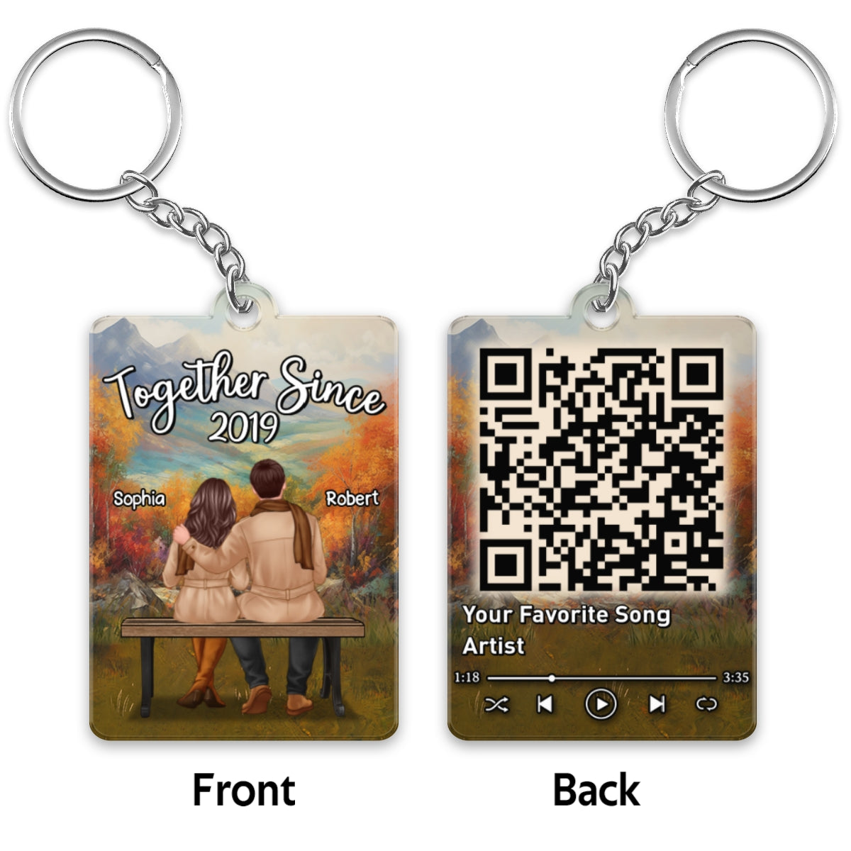 Fall Season Landscape Couple Back View Sitting Favorite Song QR Code Personalized Acrylic Keychain