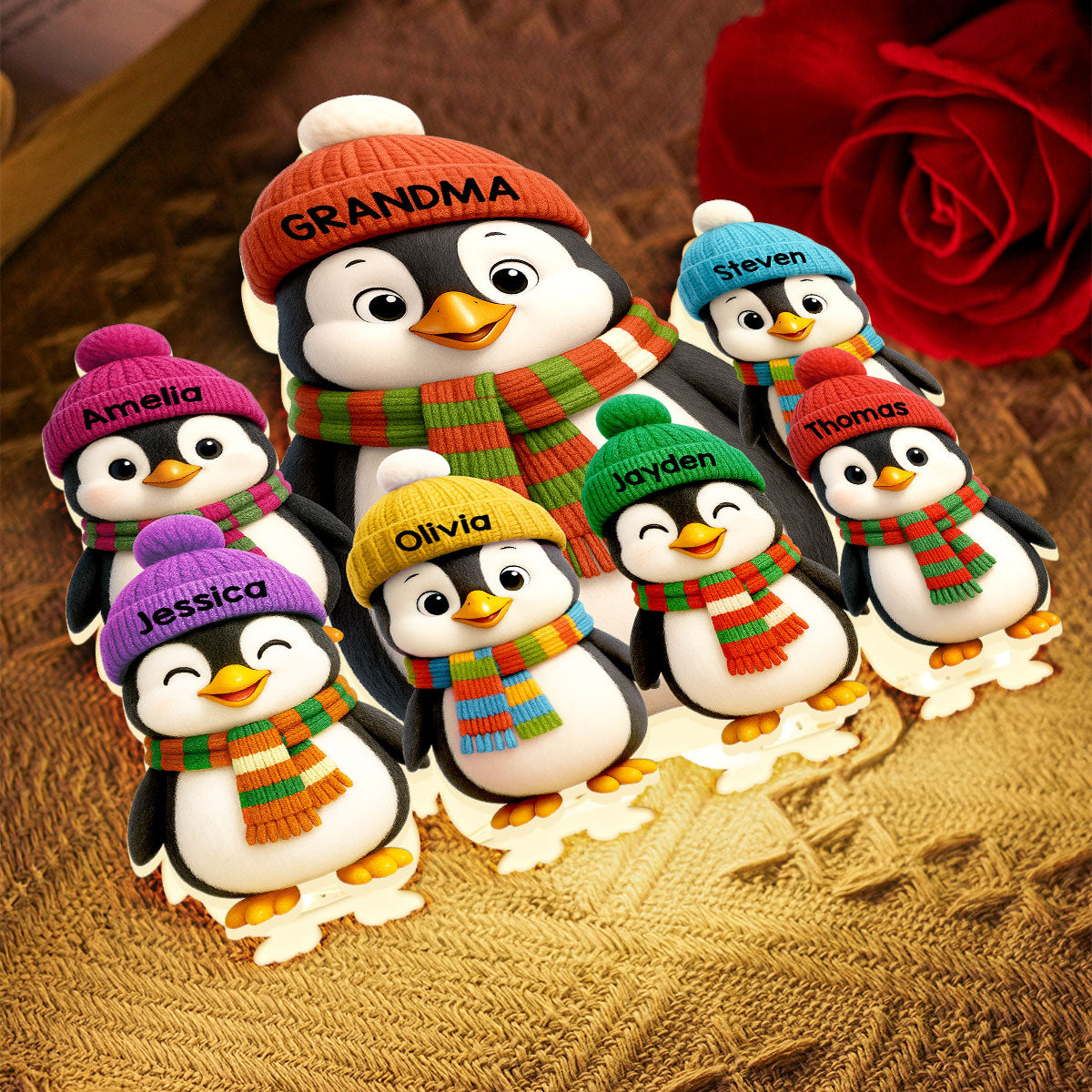 3D Effect Heartwarming Christmas Penguins Grandma Grandkids - Personalized Light Box