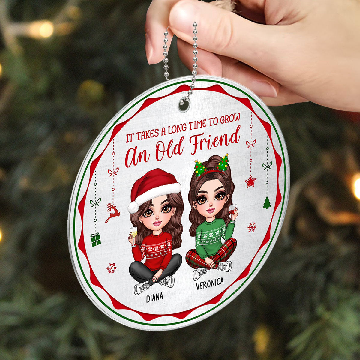 Pretty Besties Sisters Red And Green Metal Pattern Personalized Acrylic Ornament