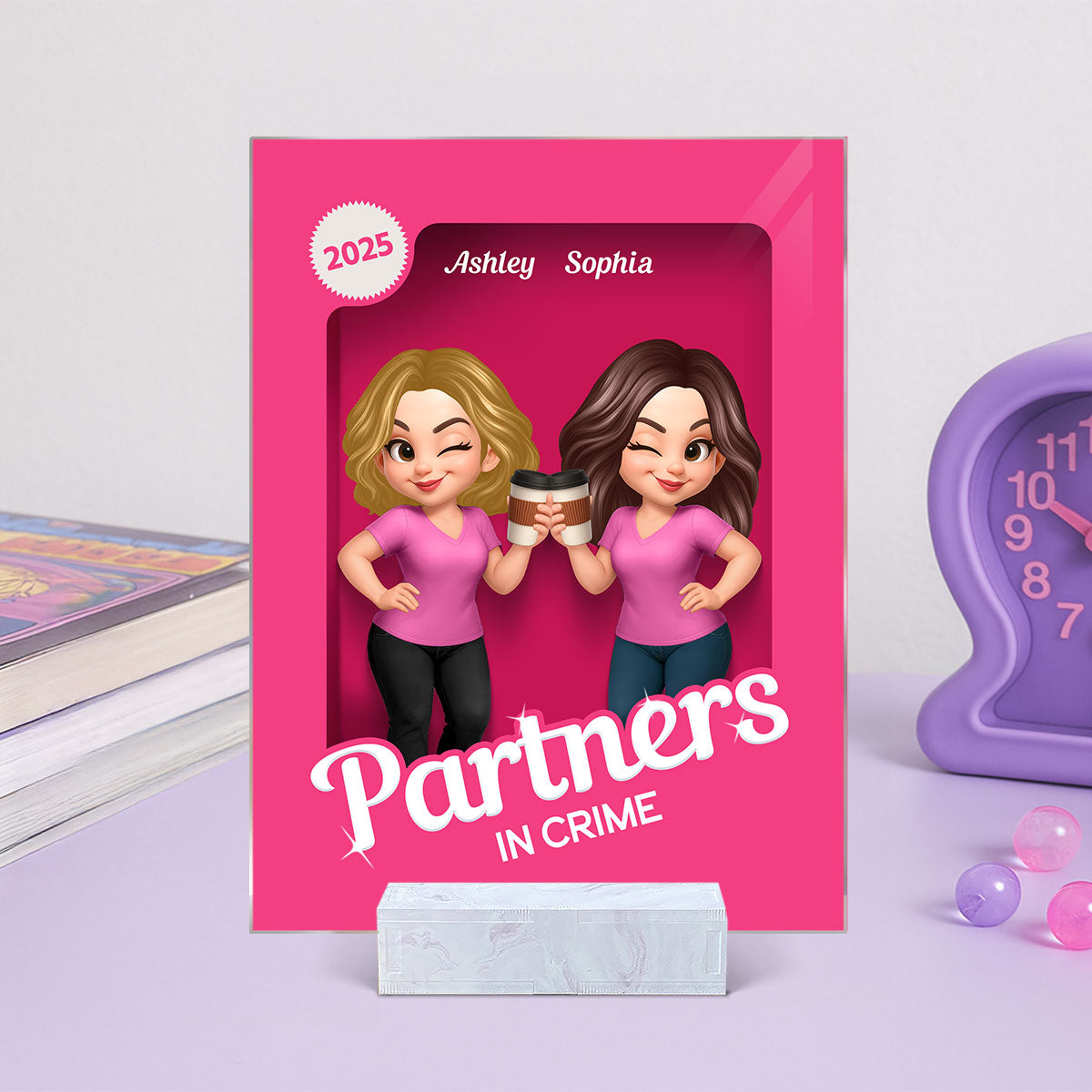 Besties Sisters 3D Effect Pink Toy Box Personalized Acrylic Plaque, Gift for Besties, Best Friends