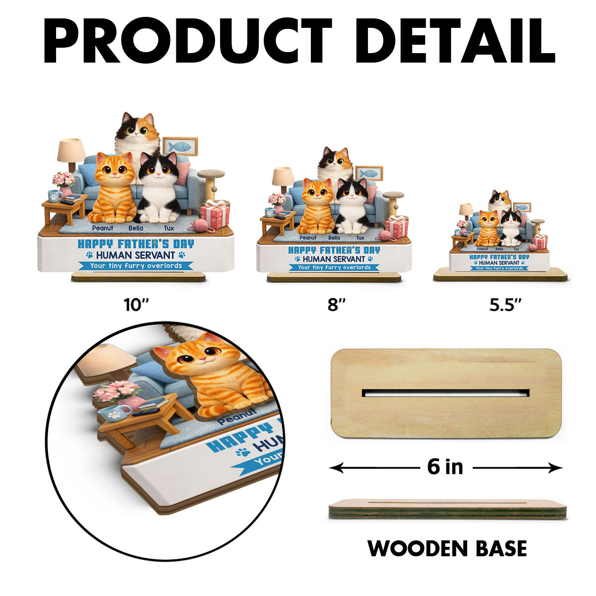 Cat Dad Cute Fluffy Cats Happy Father's Day Human Servant - Personalized 2-Layered Wooden Plaque - Funny Father's Day Gift For Cat Dad, Cat Lovers