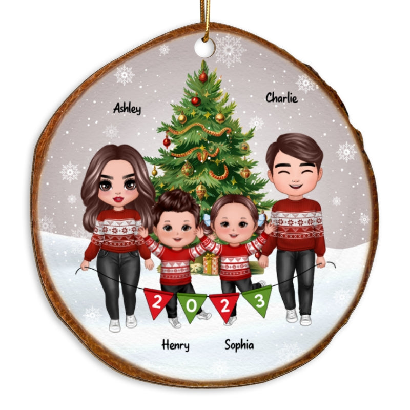 Whole Family Doll Mom Dad Kid Dog Cat By Christmas Tree In Snow 2023 Wood Slice Personalized Wooden Ornament