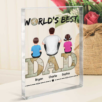 Dad And Kids Back View Sitting On World Map Text Personalized Rectangle Acrylic Block Plaque
