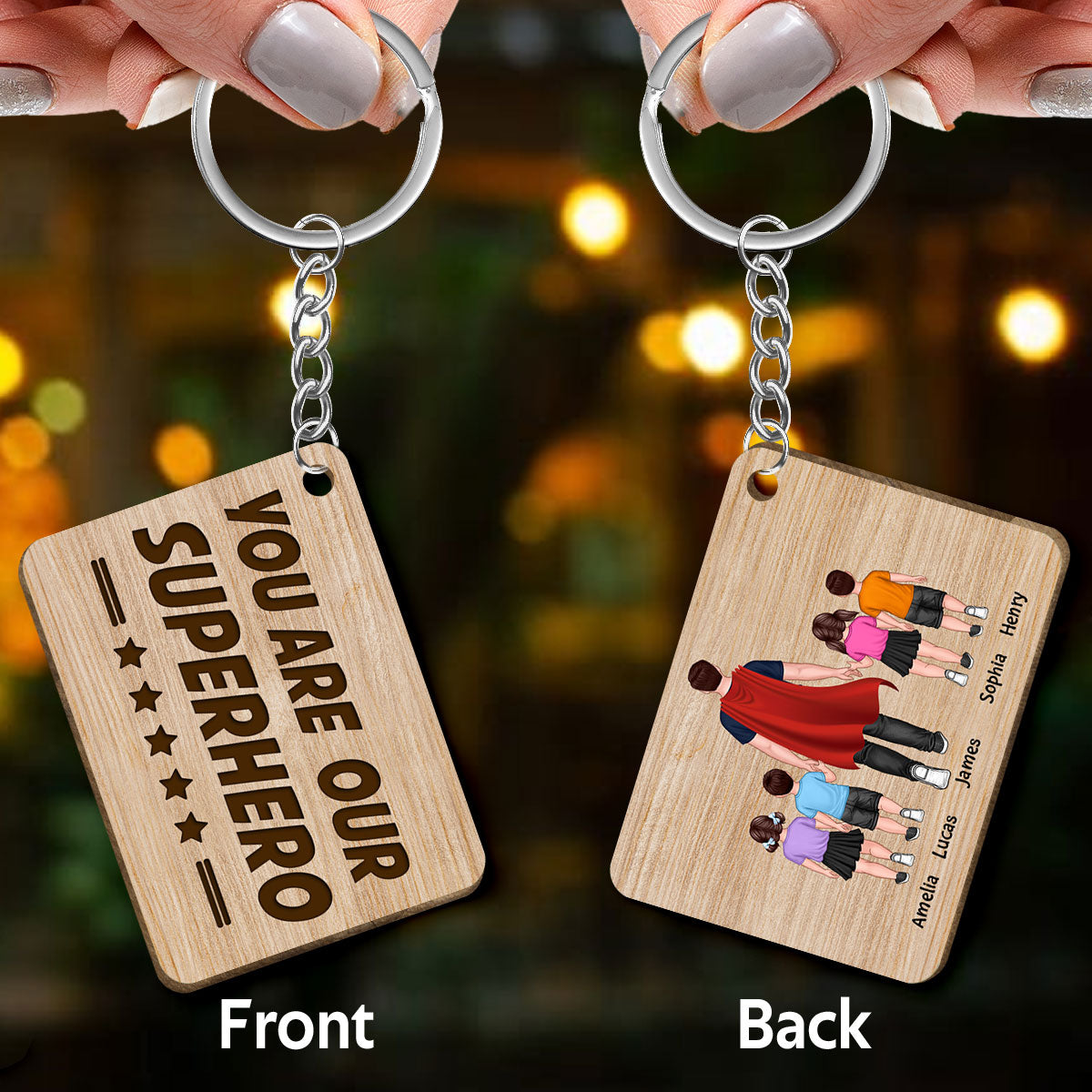 You Are Our Hero Super Dad Back View Walking Man & Kids Personalized Wooden Keychain