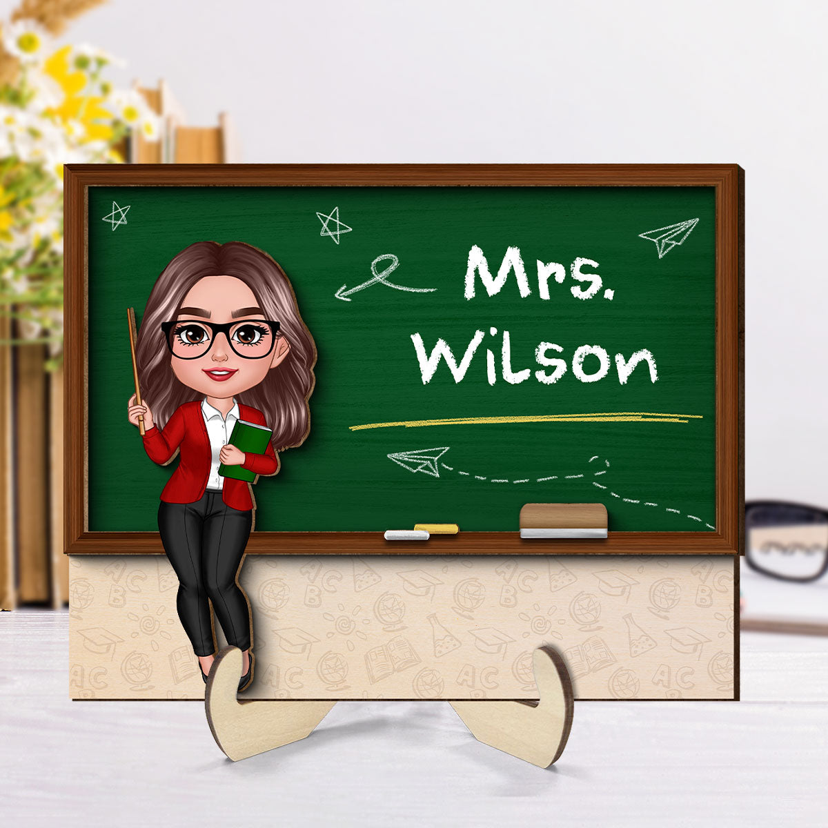 Doll Teacher Blackboard Personalized 2-Layer Wooden Plaque, Back To School Gift, Office Decor