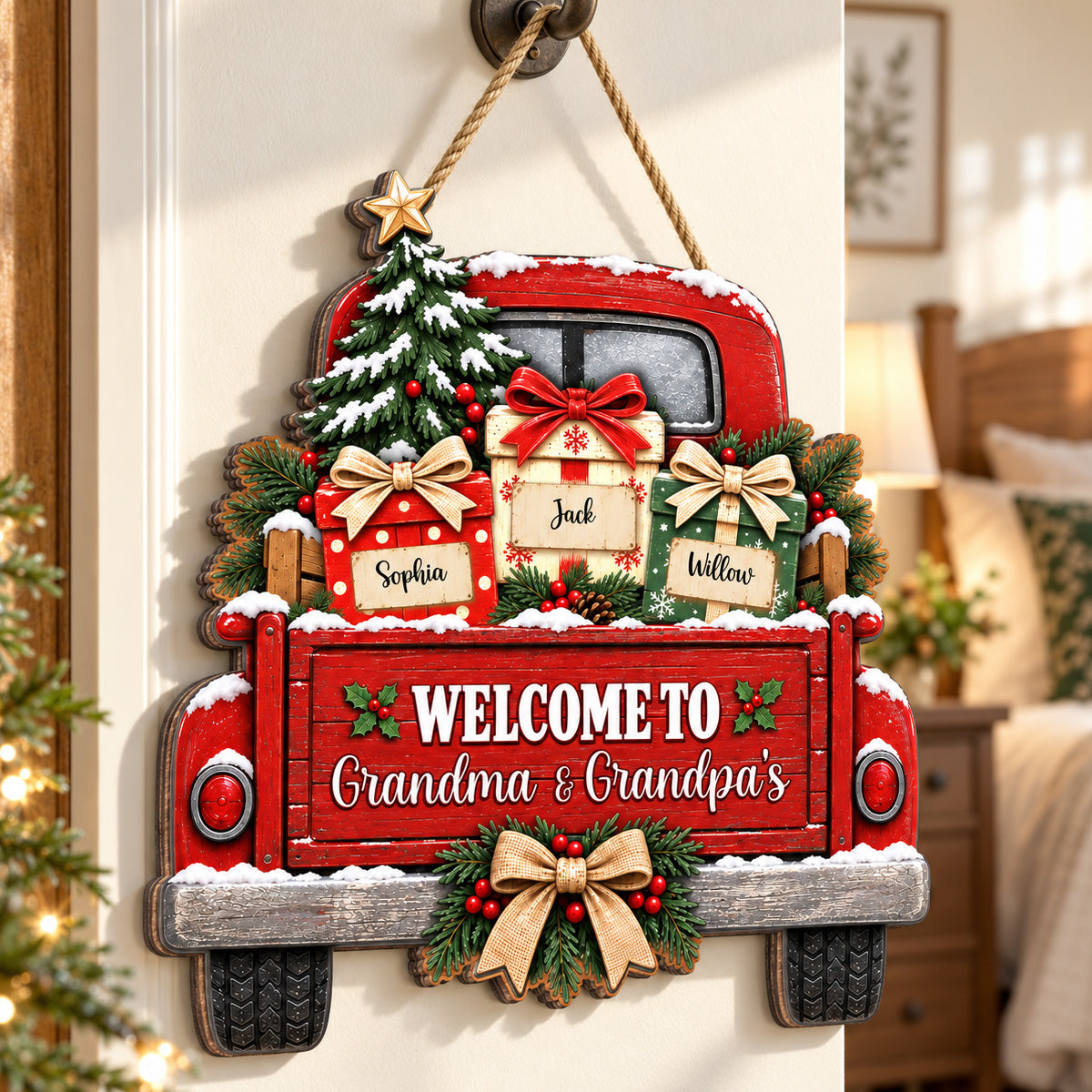 Welcome To Grandma Grandpa's House Christmas Truck 2D Flat Printed - Personalized Wood Sign - Christmas Decor For Grandparents
