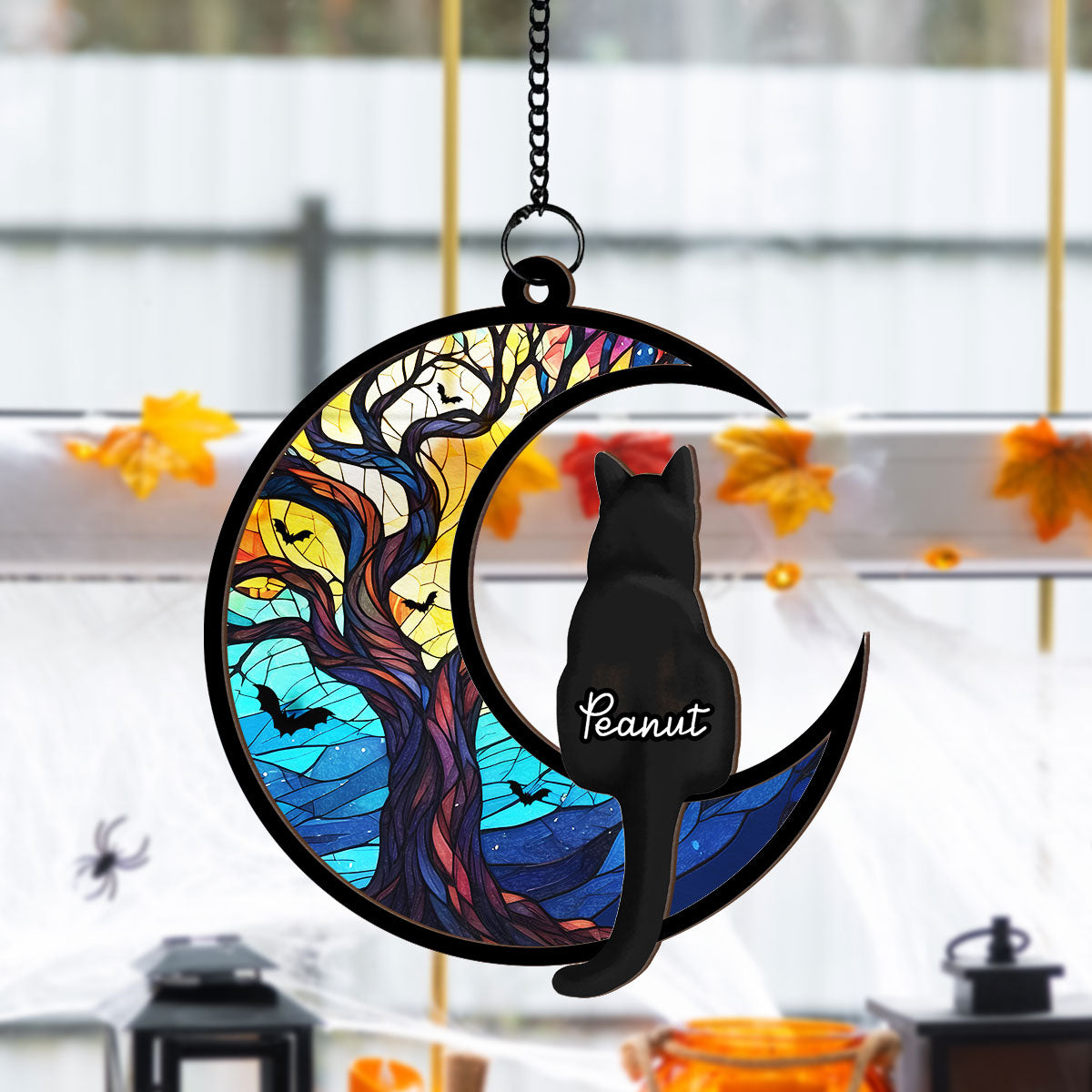 Cats On Moon Personalized Window Hanging Suncatcher, Halloween Decor For Cat Lovers