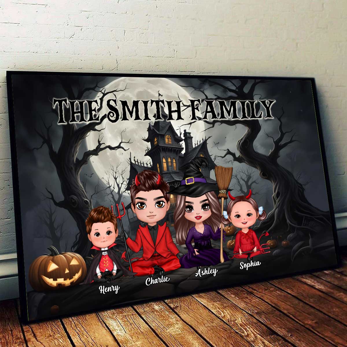 Halloween Family Sitting Vintage Background Personalized Poster - The Perfect Halloween Family Gift