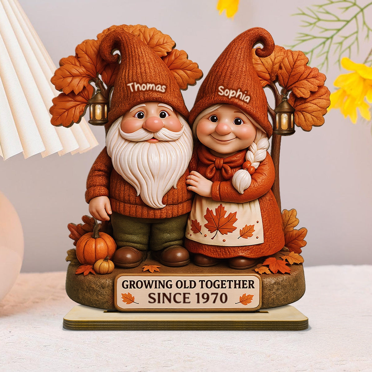 3D Effect Fall Season Gnome Couple Growing Old Together Personalized Standing Wooden Plaque