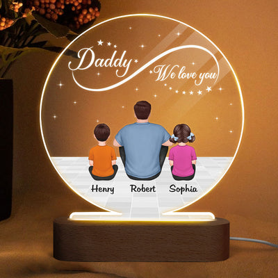 Infinity Dad Grandpa We Love You Back View Dad And Kids Dogs Cats Sitting Personalized Personalized Circle Acrylic Plaque LED Night Light