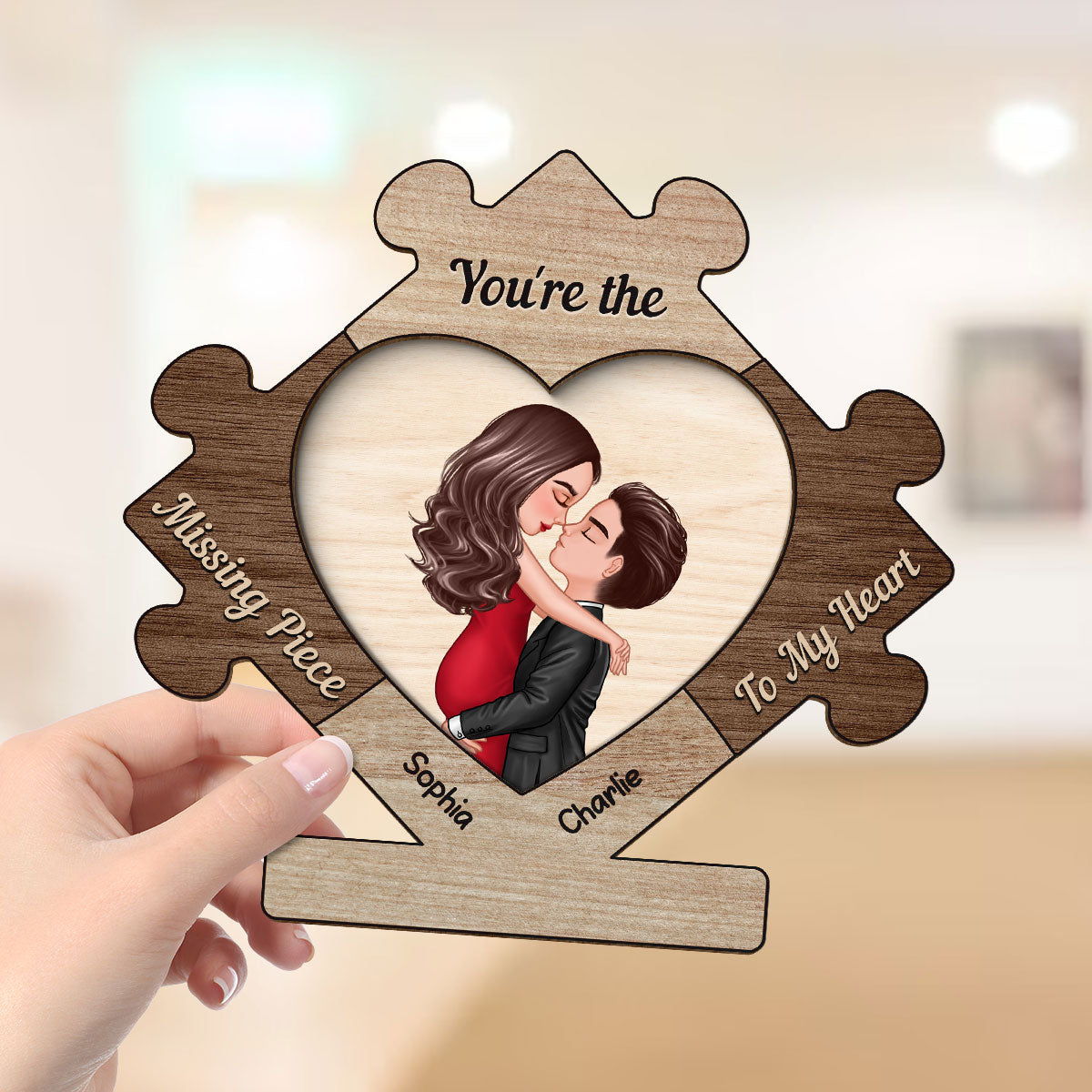 Couple Kissing In Puzzle Piece Personalized 2-layer Wooden Plaque,  Gift For Him, For Her