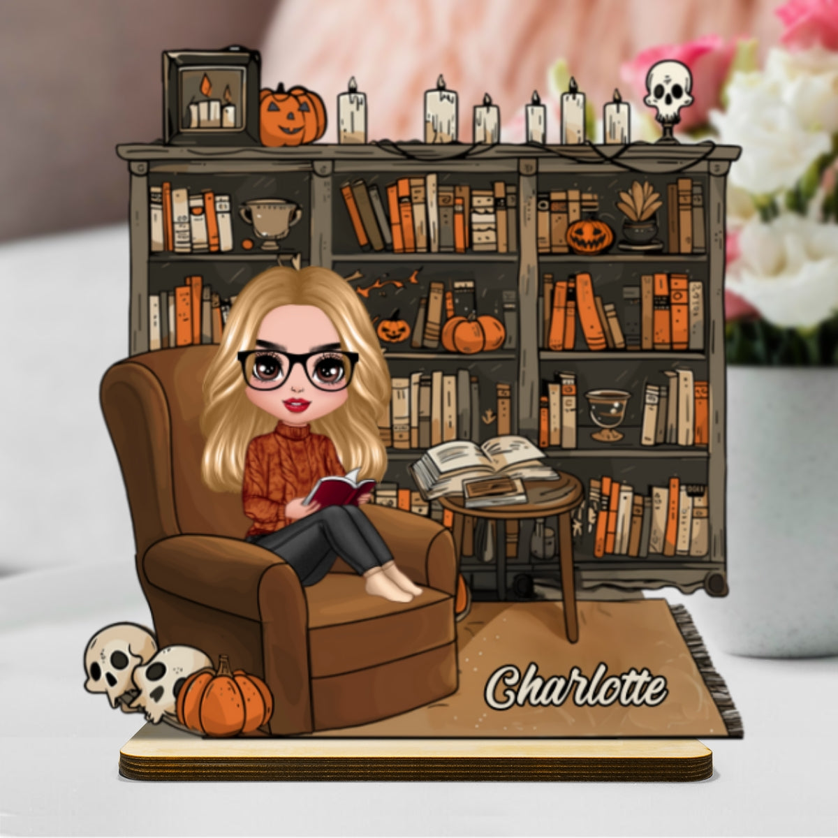 3D Effect Fall Season Girl Reading Book Personalized 2-Layer Standing Wooden Plaque, Gift For Book Lovers