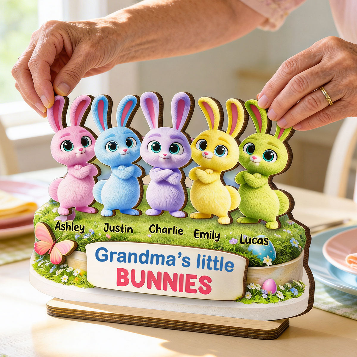 Grandma's Little Bunnies Cute Rabbits - Personalized 2-Layered Wooden Plaque - Easter Decor Gift for Grandma, Mom
