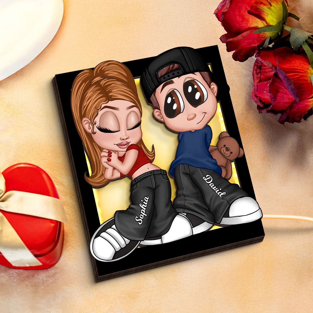 Y2K Couple Frame Personalized 2-Layer Wooden Plaque With LED, Anniversary Gift for Him, Gift for Her