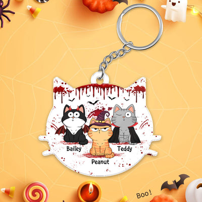 Cat Face Shape Happy Meowloween Fluffy Funny Cats Expressions Personalized Acrylic Keychain