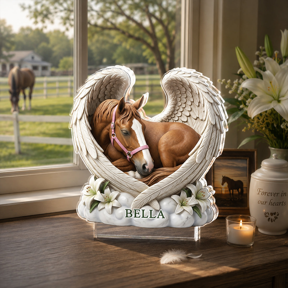 Custom Horse Angel Wings Statue - Personalized Acrylic Block Plaque - Heartfelt Pet Memorial Gift