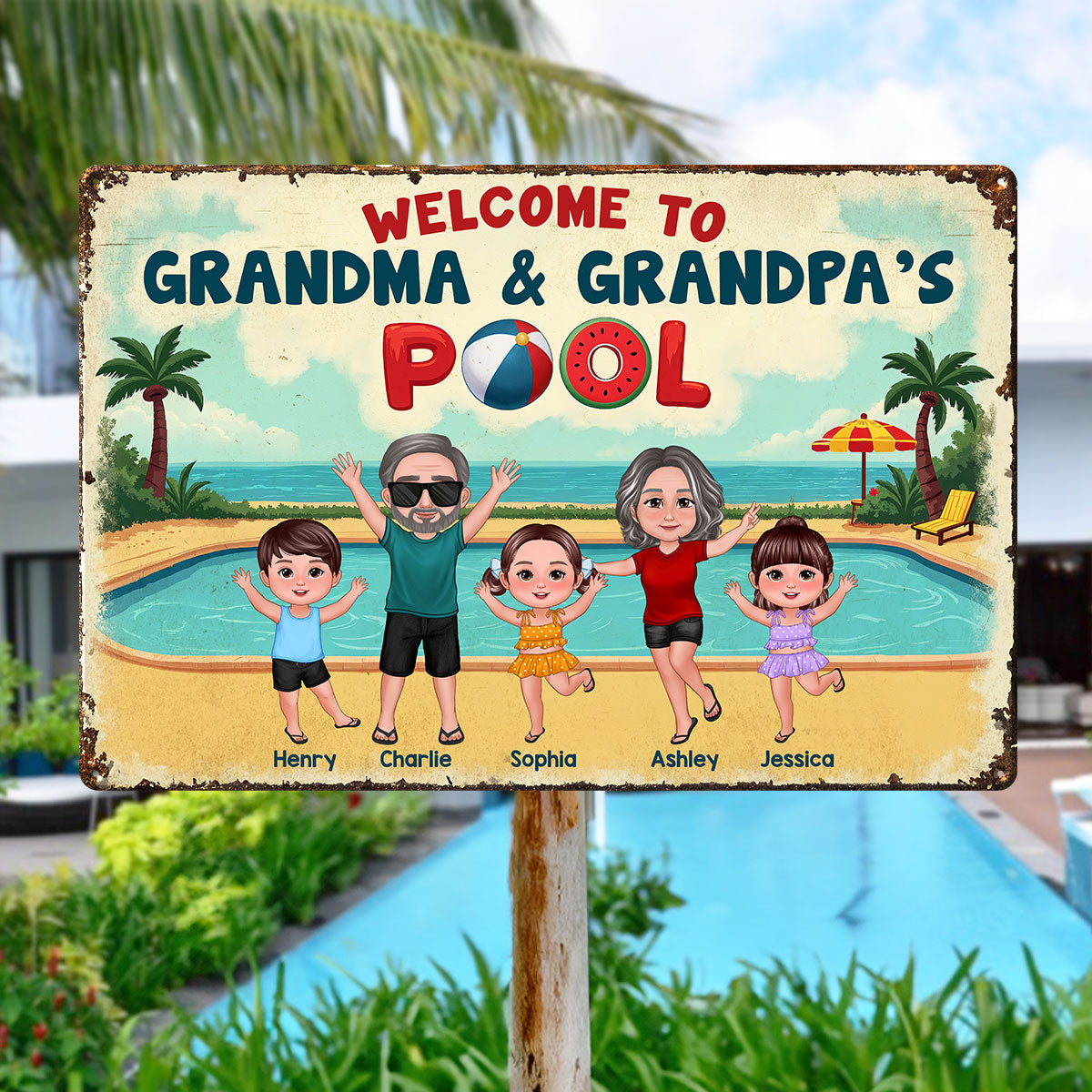Summer Vibe Welcome To Grandpa Grandma Grandparents Pool Personalized Metal Sign