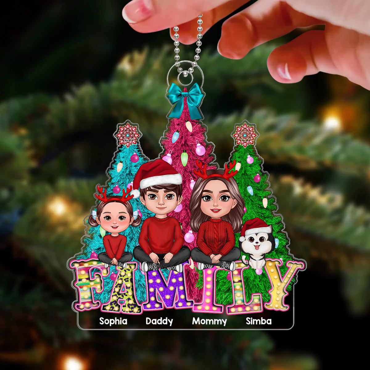 Family Sitting Crossed Legs Christmas Tree Colorful Marquee Personalized Acrylic Ornament