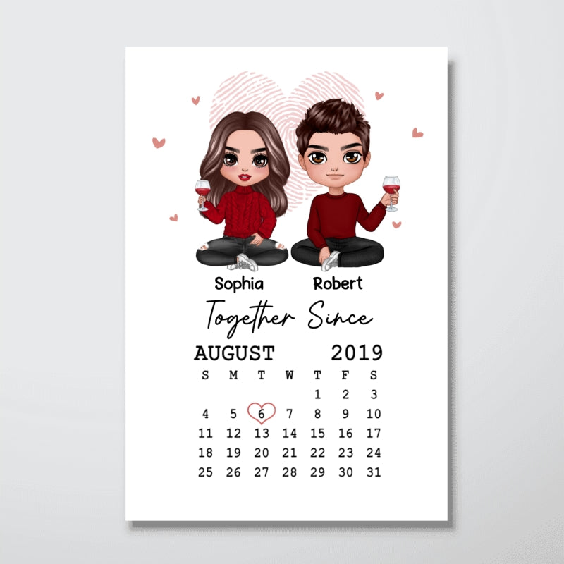 Doll Couple Sitting Anniversary Date Calendar Personalized Vertical Poster - Anniversary Gift For Couple - Gift For Him, Gift For Her