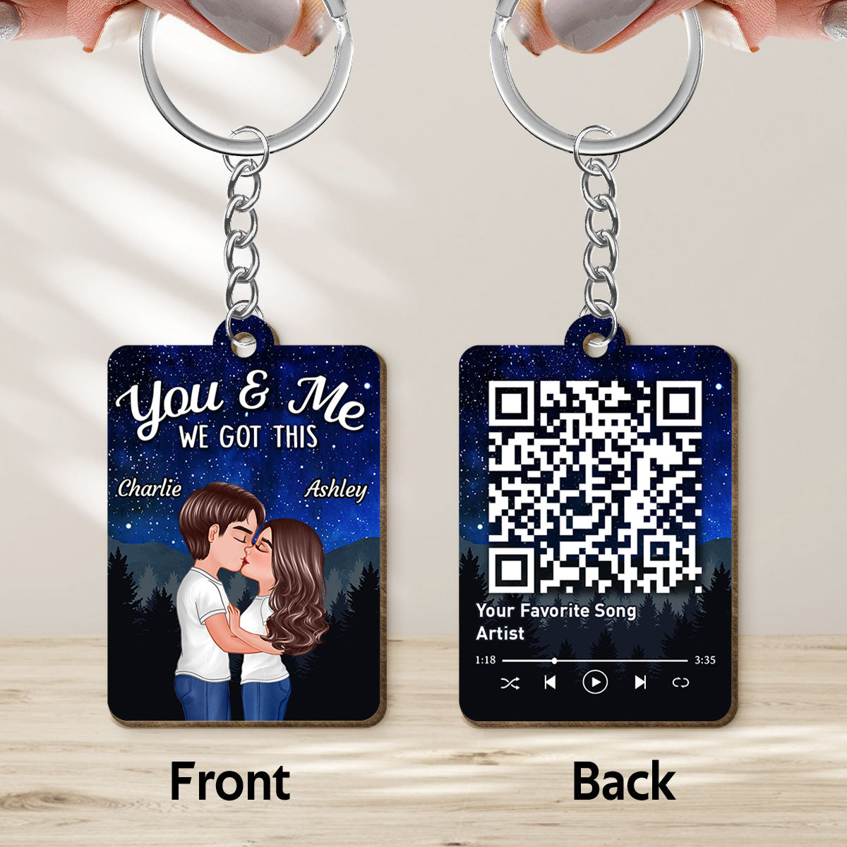 Couple Kissing Under Stars Sky Forest Favorite Song QR Code Personalized Wooden Keychain