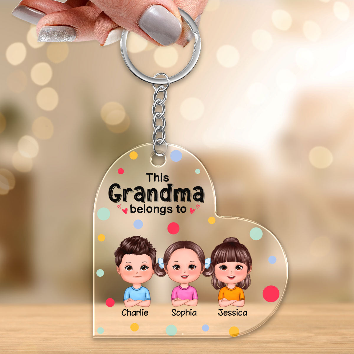 This Grandma Mom Belongs To Cute Doll Kids Colorful Dot Personalized Heart Acrylic Keychain