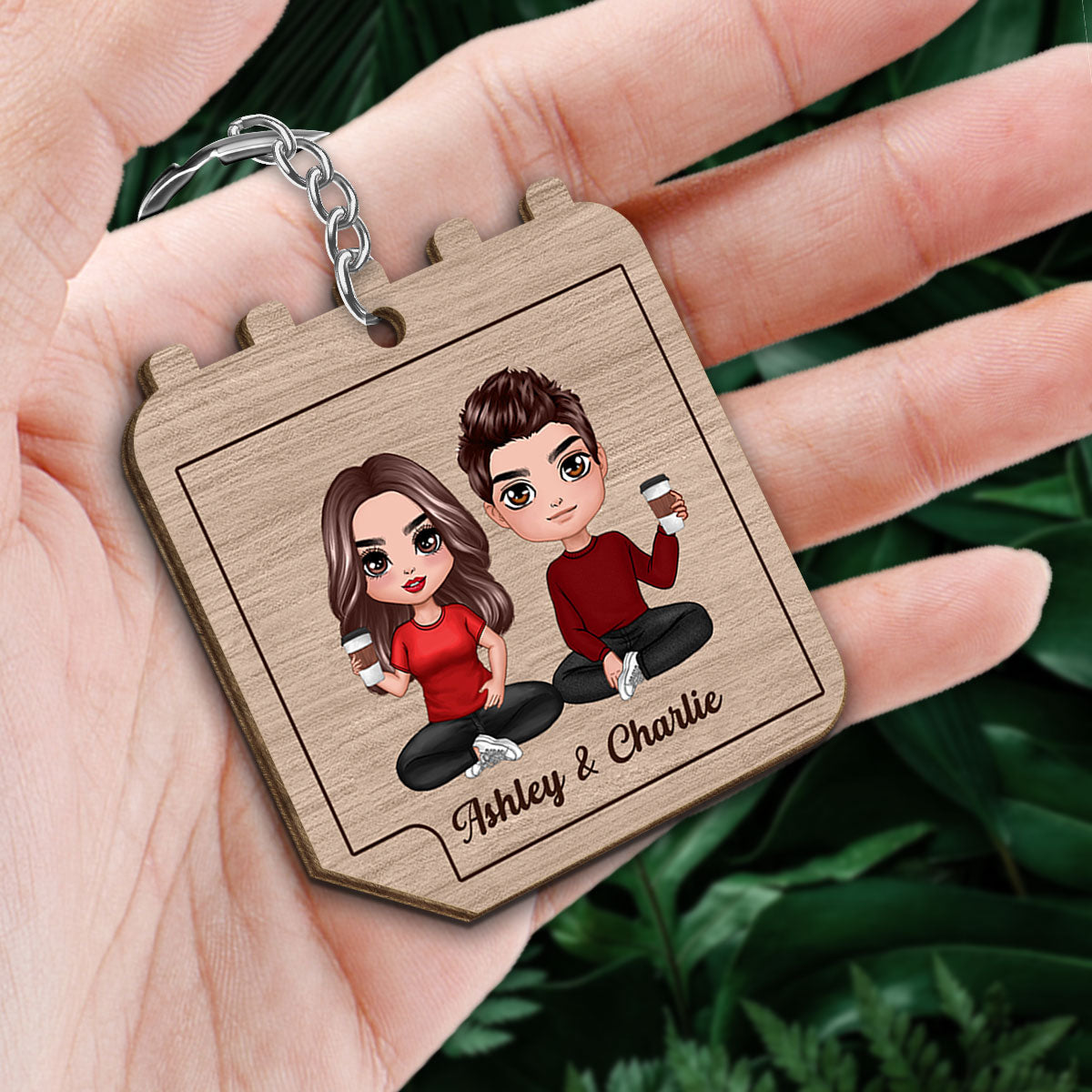 Doll Couple Sitting Calendar Shape Anniversary Date Personalized Wooden Keychain