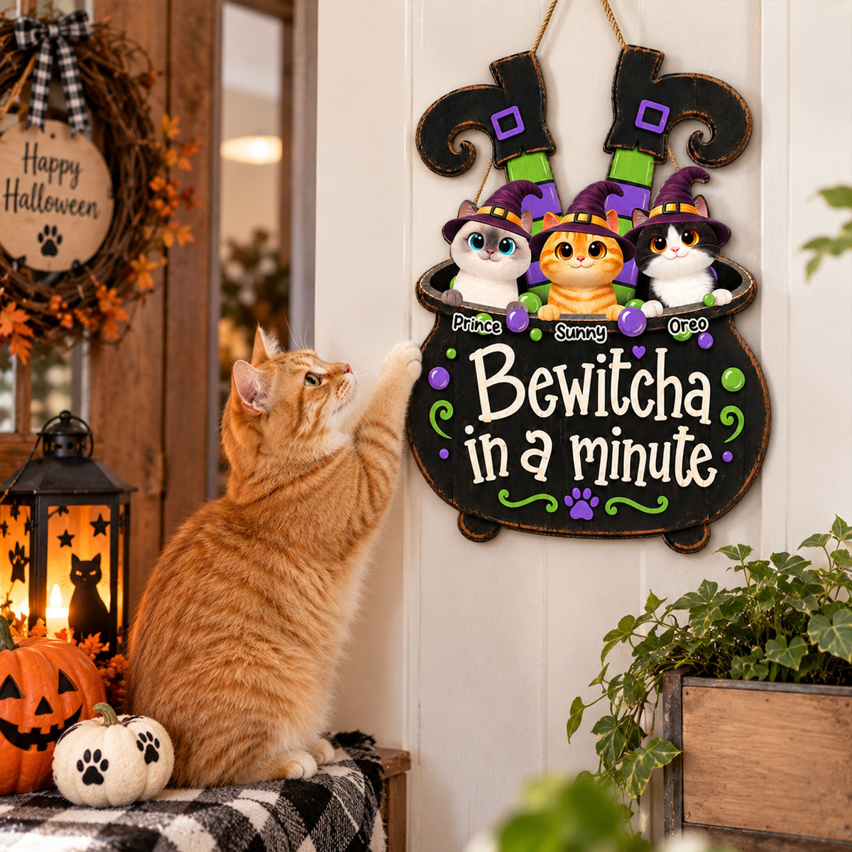 Halloween Witch Cauldron Cute Cats Bewitcha In A Minute - Personalized Wood Sign - Halloween Decor For Cat Lovers