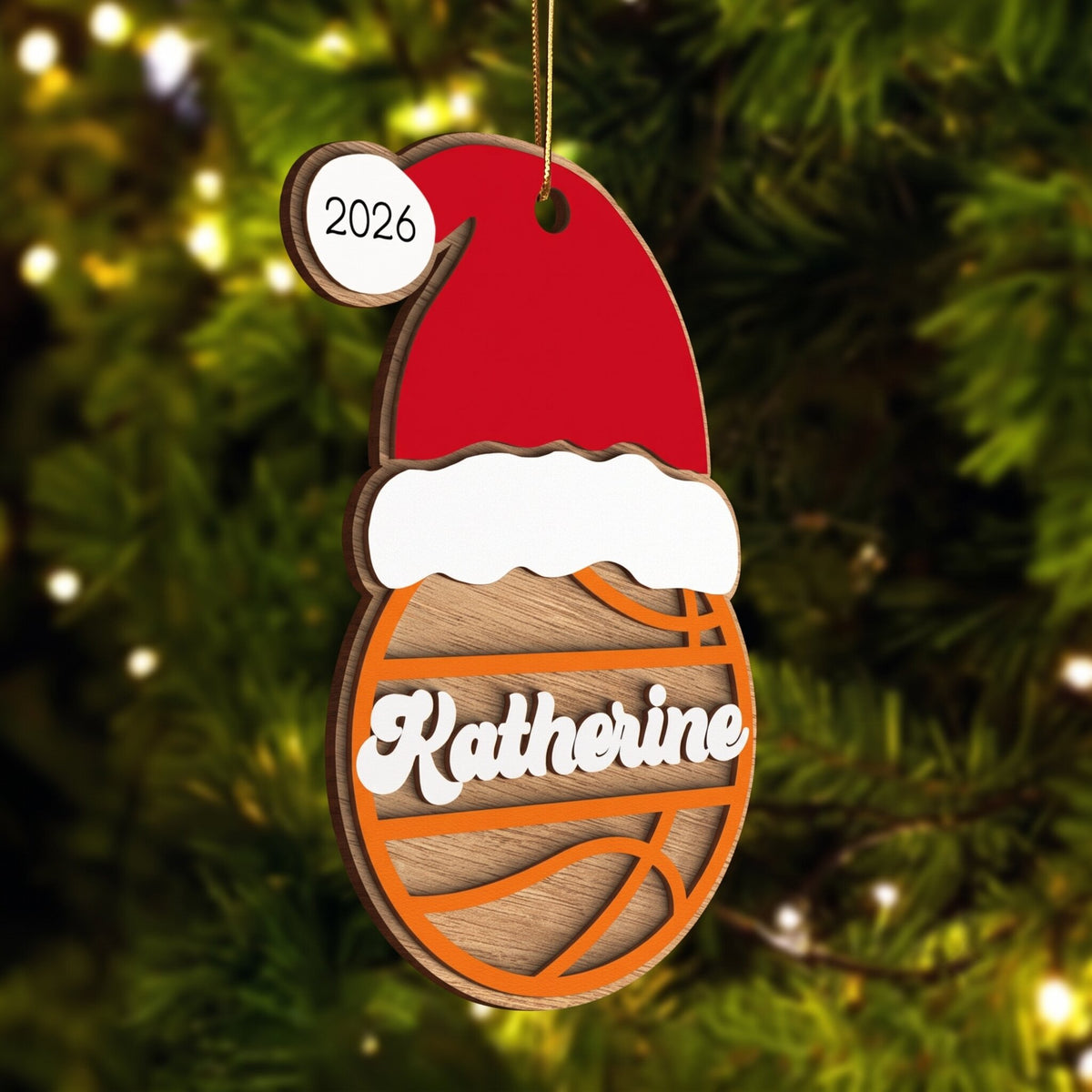 Sports Santa Hat With Name 2-Layered Wooden Ornament, Personalized Football Baseball Volleyball Basketball Soccer Ornament, Unique Christmas Gift For Kids