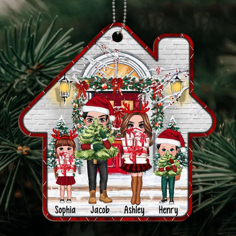 Christmas Pretty Family In Front Porch House Shape Personalized Wooden Ornament