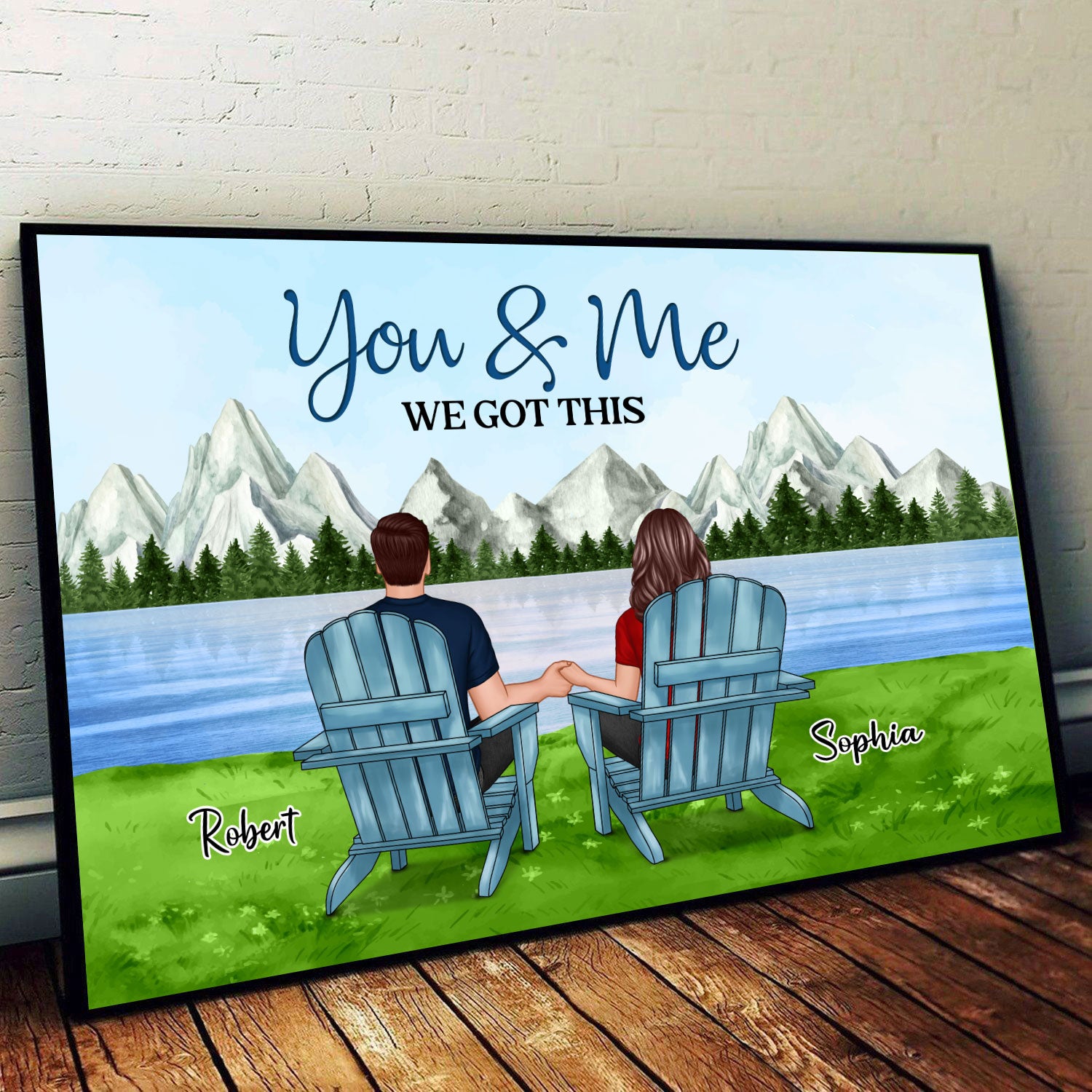 Couple Back View Sitting At Lake Mountain Personalized Horizontal Poster