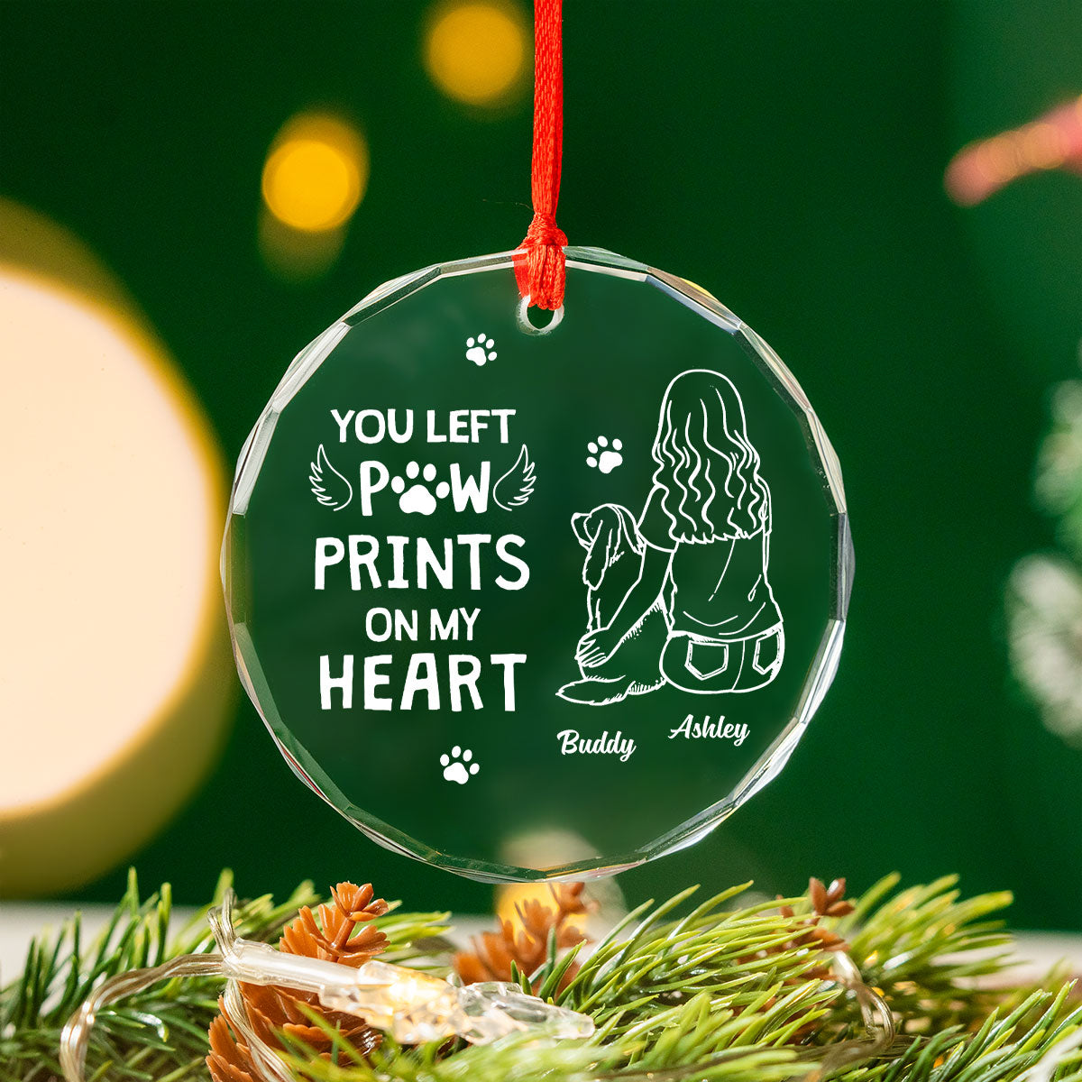 Dog Memorial Outline Personalized Glass Ornament, Christmas Keepsake