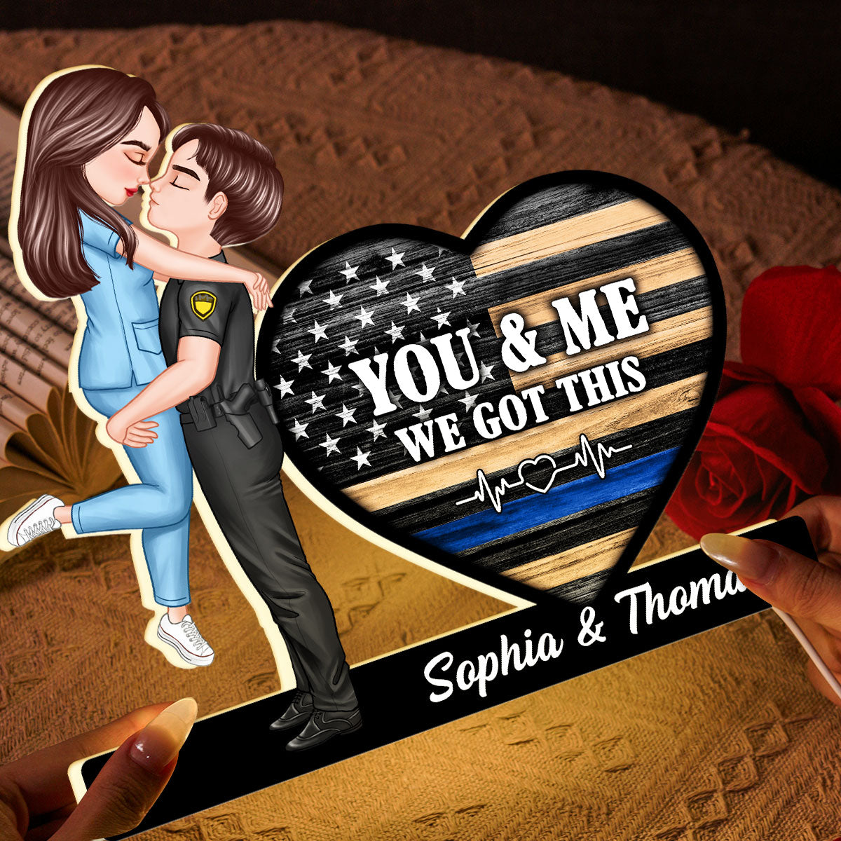 Hero Couple Kissing You & Me We Got This Job Occupation Flag Heart - Personalized Light Box