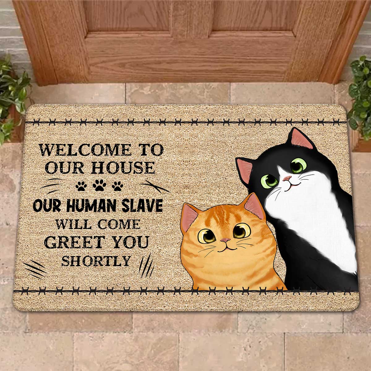 Our Human Slave Will Greet You Shortly Fluffy Cat Personalized Doormat
