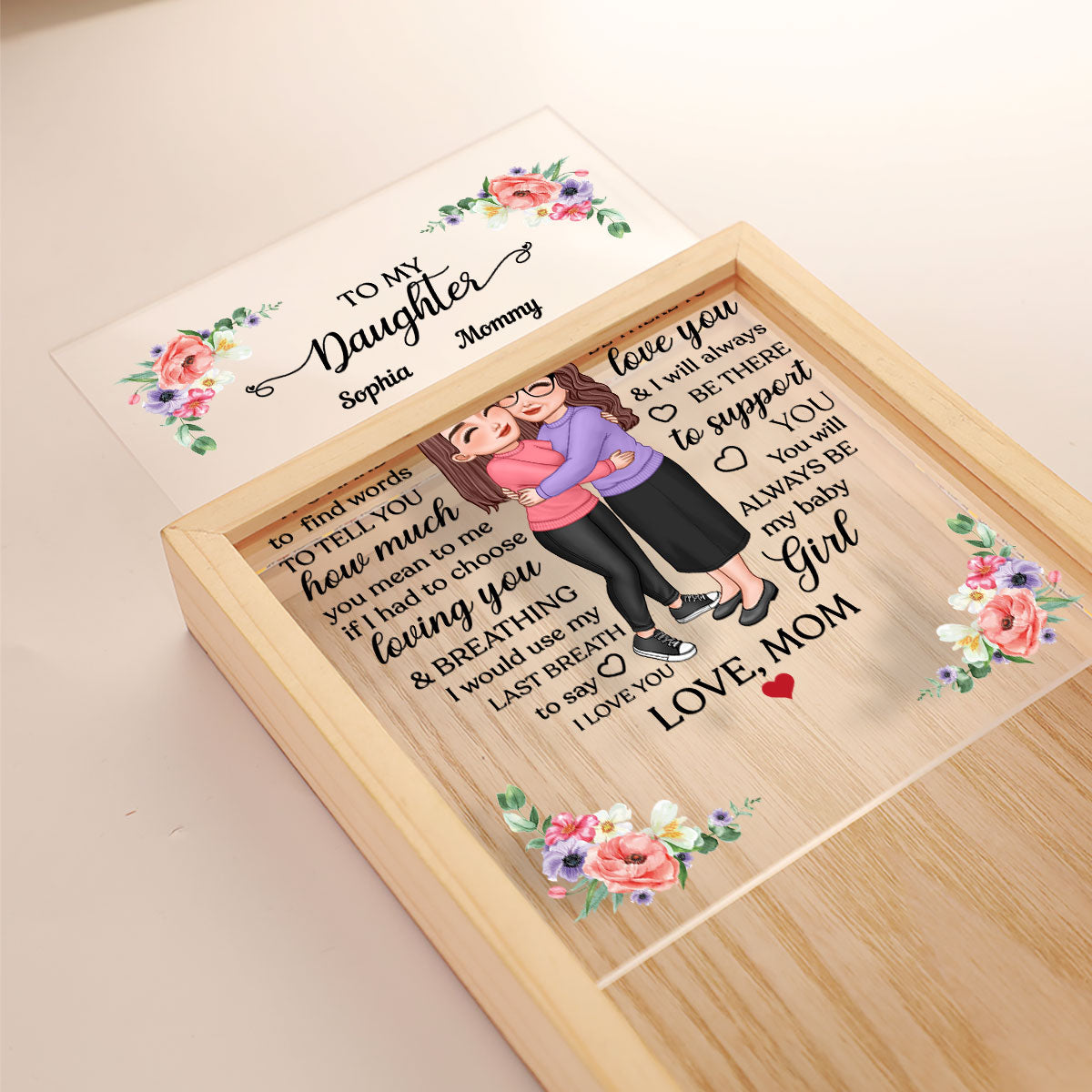 To My Daughter My Mom Hugging Floral Frame Personalized Frame Light Box