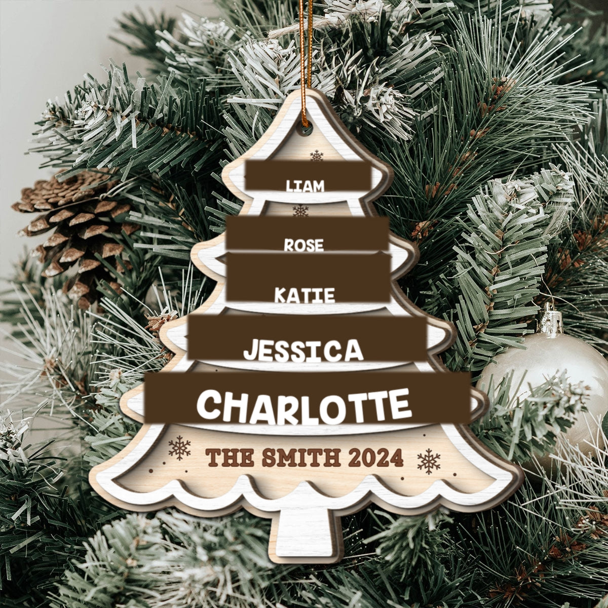 Family Members Names White Christmas Tree Personalized 2-Layer Wooden Ornament