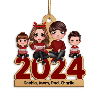 Family Sitting 2024 Christmas Personalized Wooden Ornament, Christmas Gift For Family