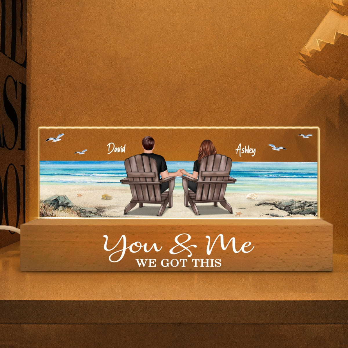 Couple Sitting At Beach Retro Personalized LED Night Light, Anniversary Gift For Couple, Gift For Husband, Wife, Dad, Mom