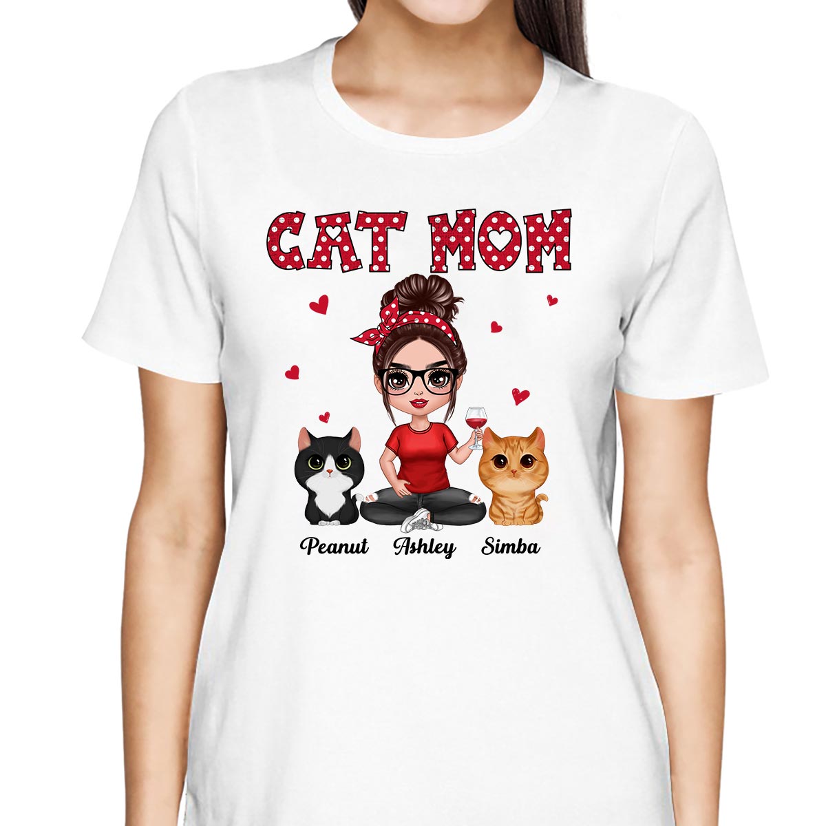 Watercolor Cute Cats Polka Dot Pattern Doll Cat Mom Personalized Shirt