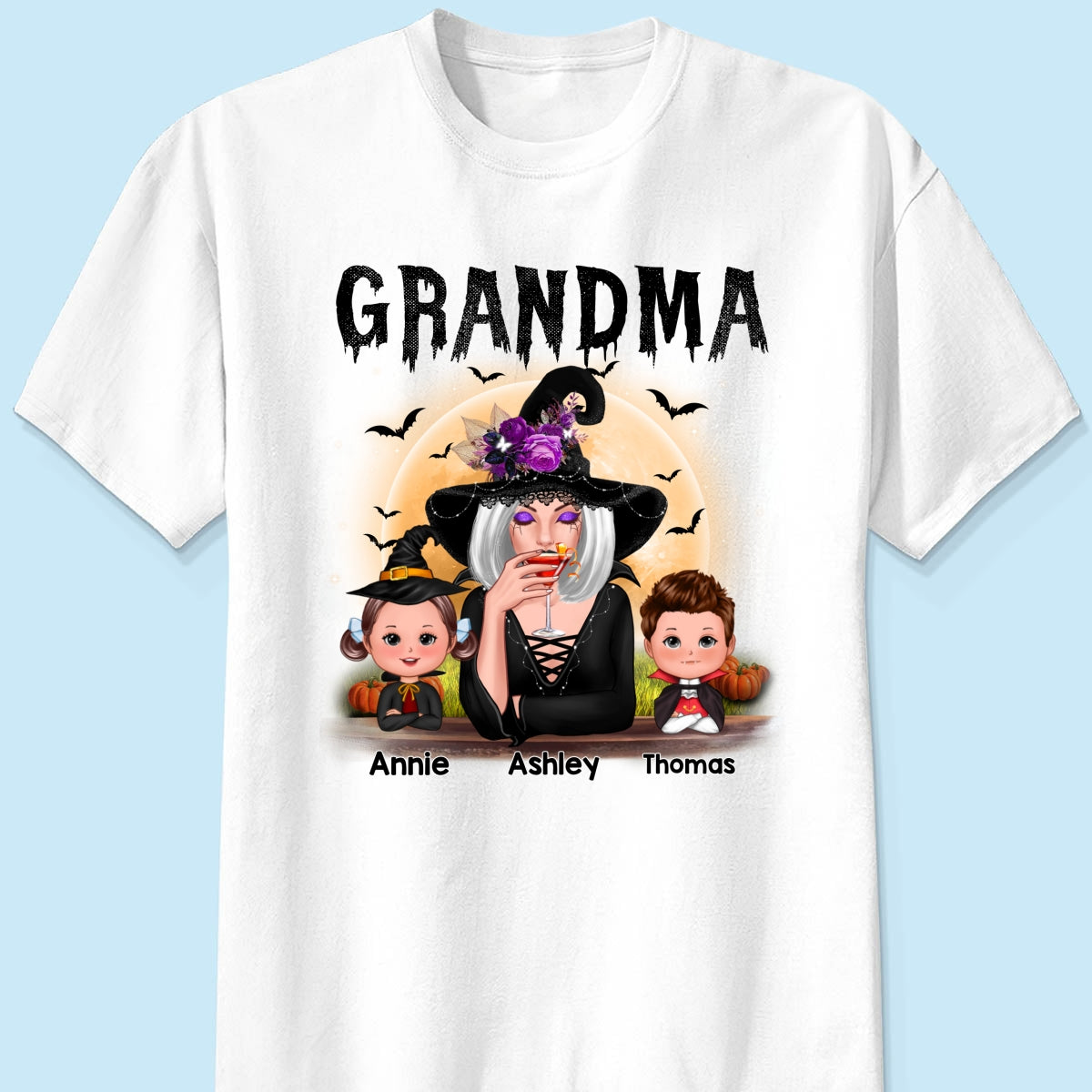 Grandma Mom Witch With Grandkids Personalized Shirt, Halloween Gift For Grandma, Mom