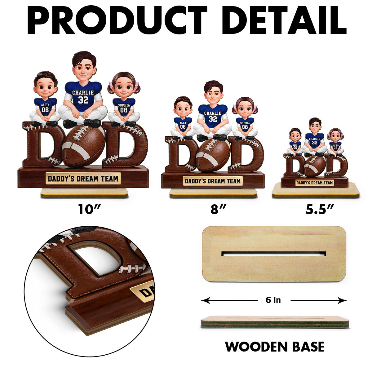 American Football Daddy's Dream Team - Personalized 2-Layered Wooden Plaque - Father's Day Gift For Dad