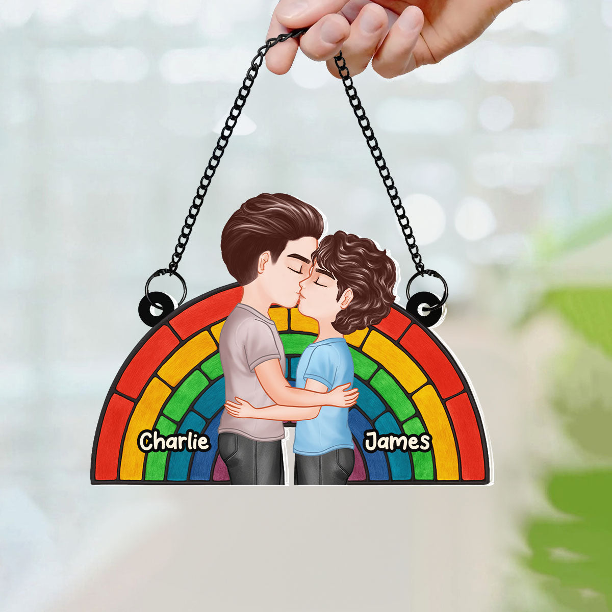 LGBT Flag Rainbow Couple Kissing Personalized Suncatcher