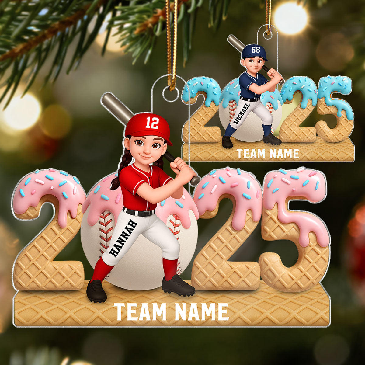 3D Effect Ice Cream Drip Sprinkles Teen Girl Boy Baseball Player - Personalized Acrylic Ornament - Christmas Gift For Kids, Granddaughter, Grandson, Daughter, Son